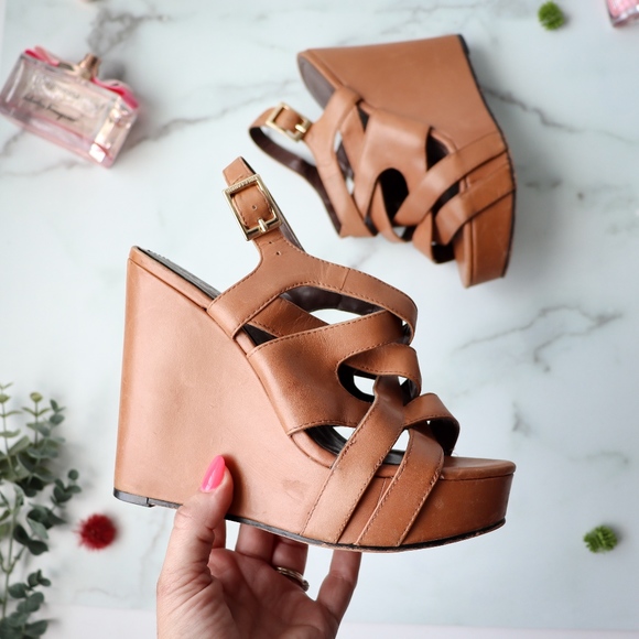 Vince Camuto Shoes - VINCE CAMUTO Shivona Wedges Brown Leather Open Toe